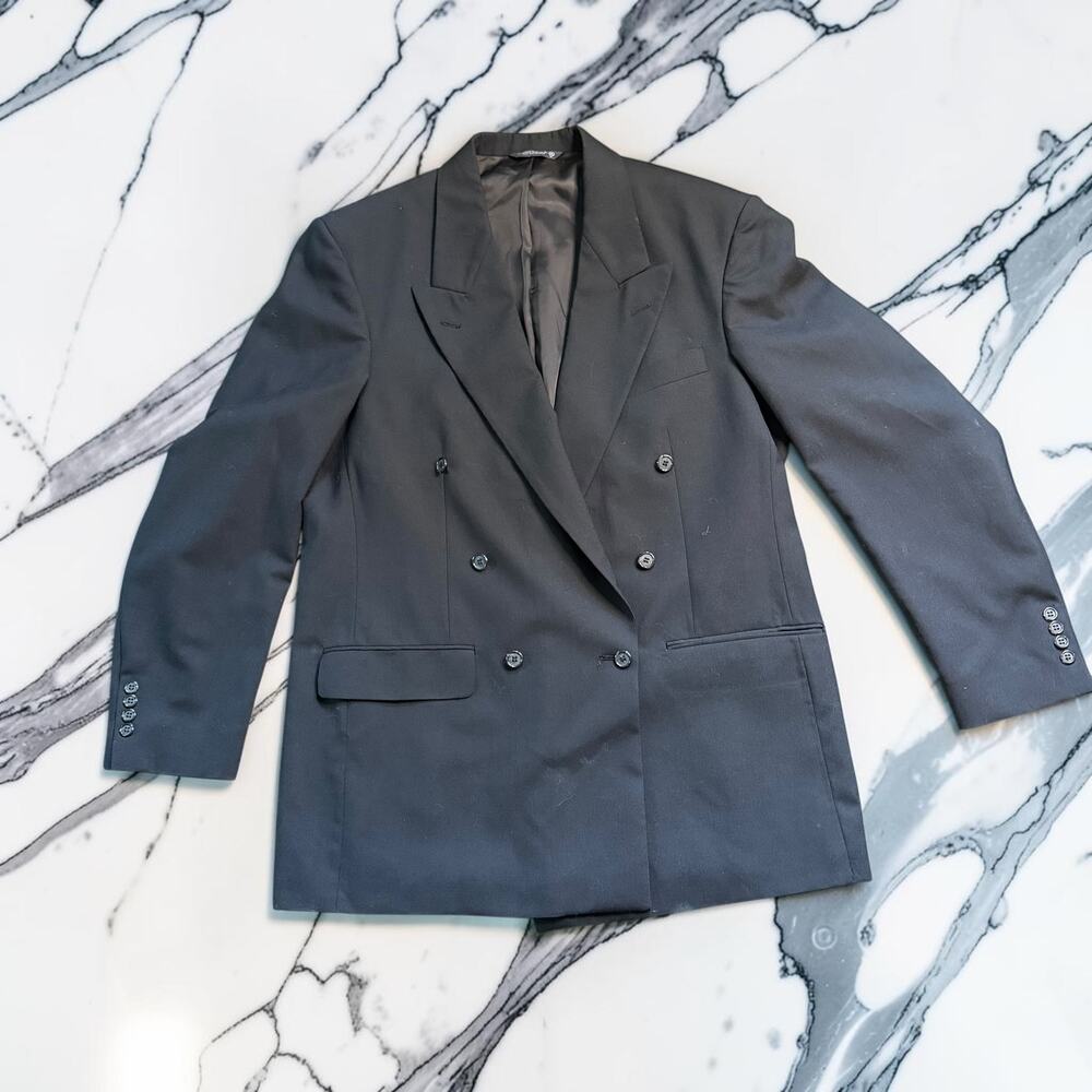 Vintage Black Double Breasted Blazer 90s Oversized Suit Jacket 48 Made in USA